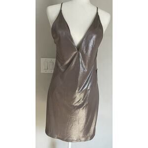 Y2K Express Champagne Metallic Plunge Mini Dress Backless Shimmer Party Sz S NWT